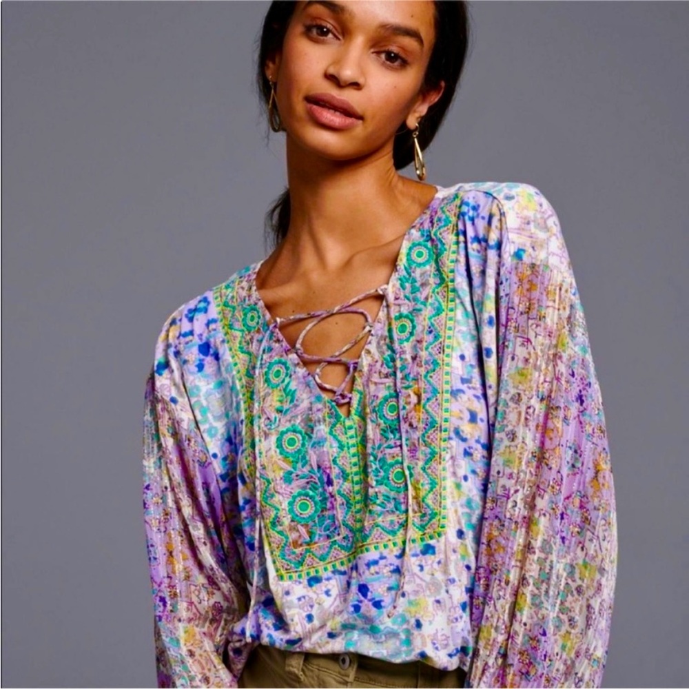 Anthropologie Colorful Floral Embroidered Tunic Boho Top
